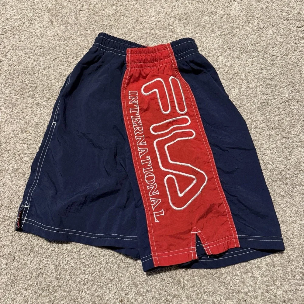 Vintage Fila Swim Trunks Men's Large Red Navy Logo Board Shorts Lined Beach Suit